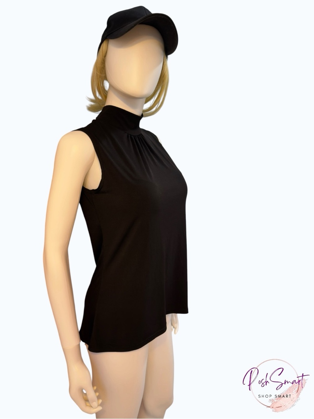 Vintage Suzie Black Mock Neck Sleeveless Gathered Tank Top Made in USA | Size S